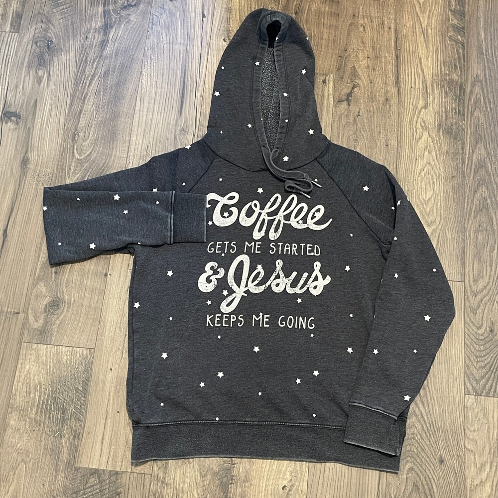 Altard State Womens Coffee & Jesus Star Print Hoodie Charcoal Grey Small